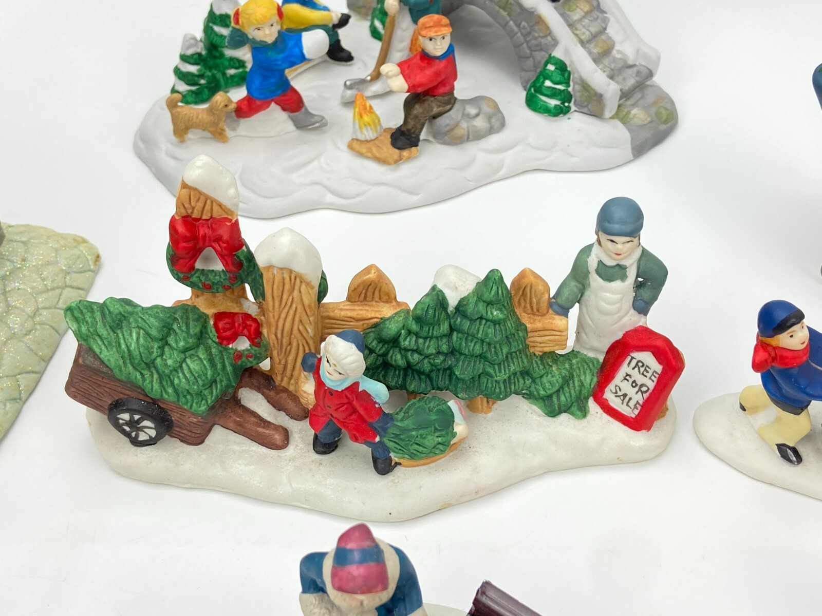 Lot of Lemax & Other Christmas Village Figures Accessories Bridge Carriage Swing