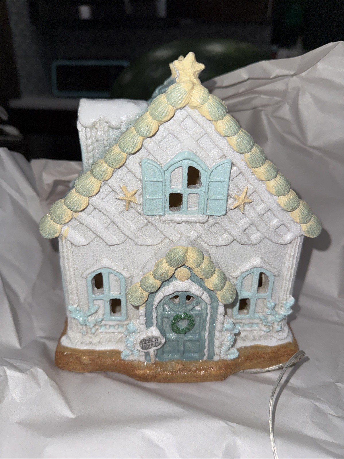Coastal Gingerbread house beach house seashell seahorse 10” Nautical Christmas