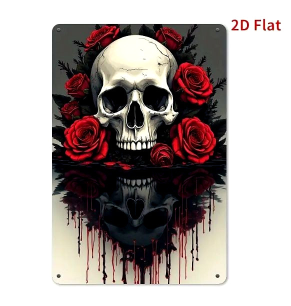 Metal Sign SKULL & RED ROSES 12″ Wall Decoration Halloween NEW