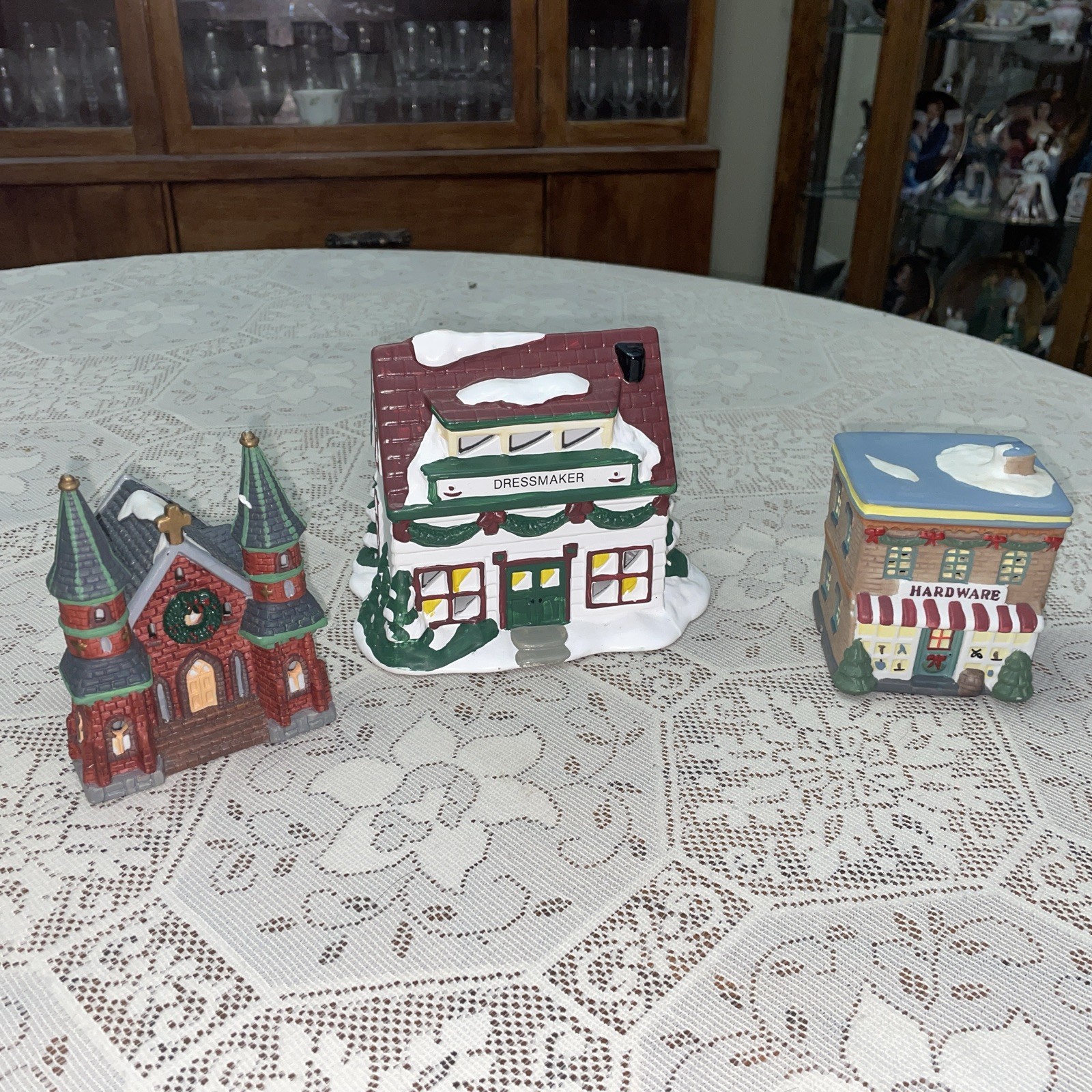 Set Of 3 Christmas Village Houses . One Is A Church, Dressmaker & Hardware Store