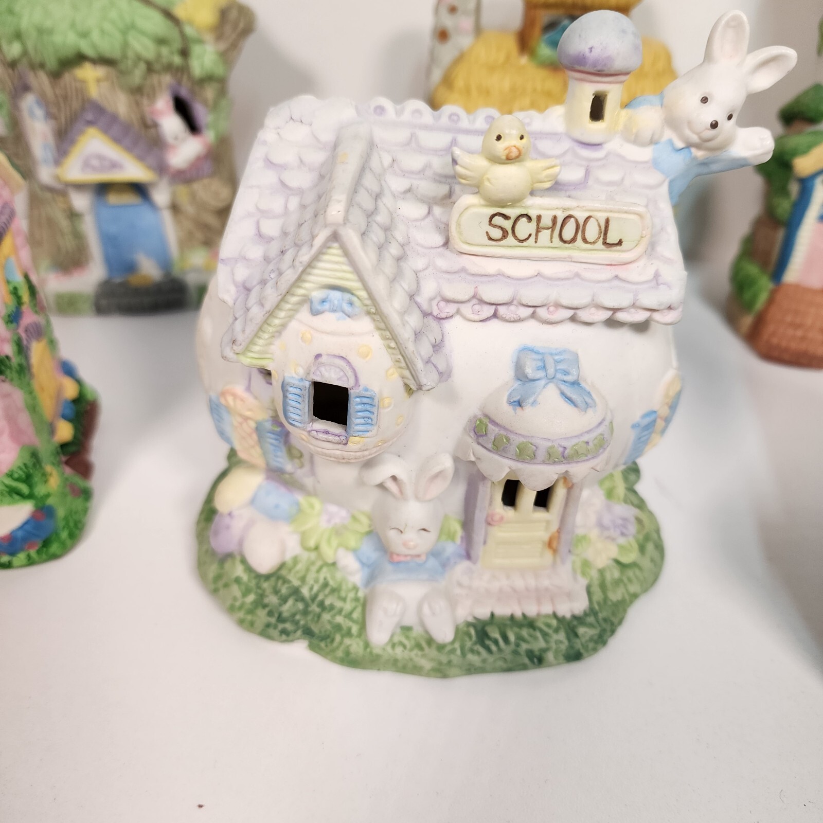 Lot of 8 Easter Village Pieces Flower Shop, Bakery, Cafe, Schools, Toy Shop…..