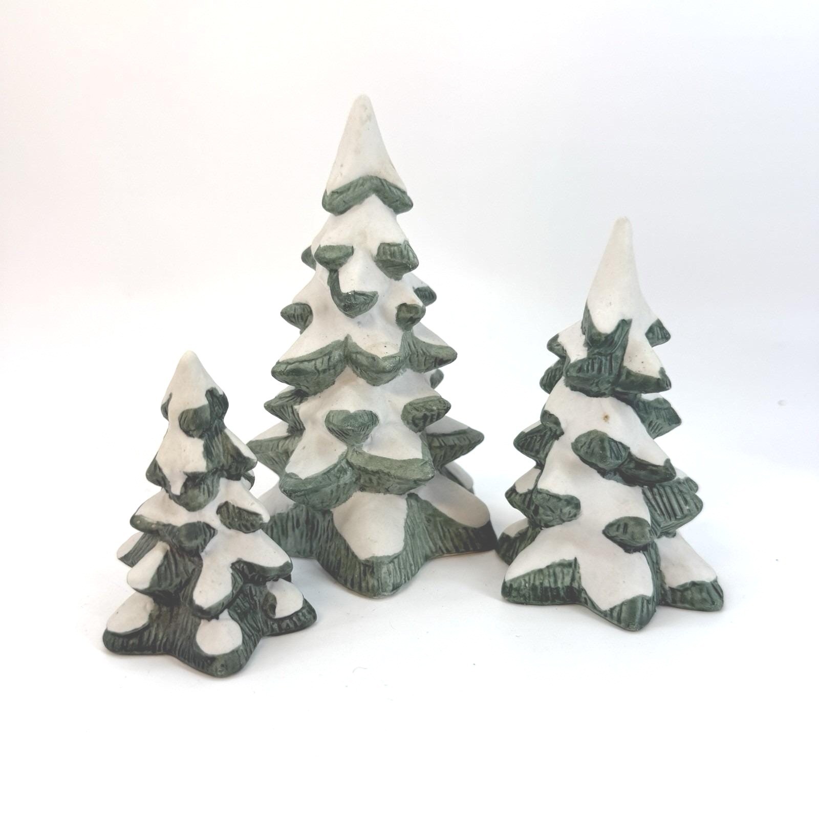 Christmas Village Towne Ceramic Winter Trees 3 Figurines Snow Small medium large