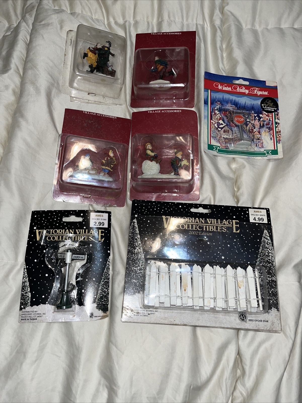 Lot Of Townspeople Christmas Village Accessories Snow Figurines Signs Gate VTG