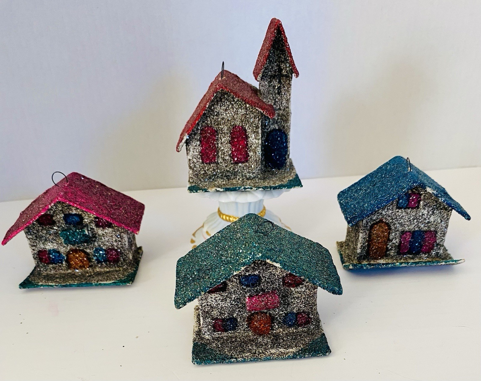 4 Vintage Putz Cardboard Mica Houses & Church Lot Made in Japan Multicolored