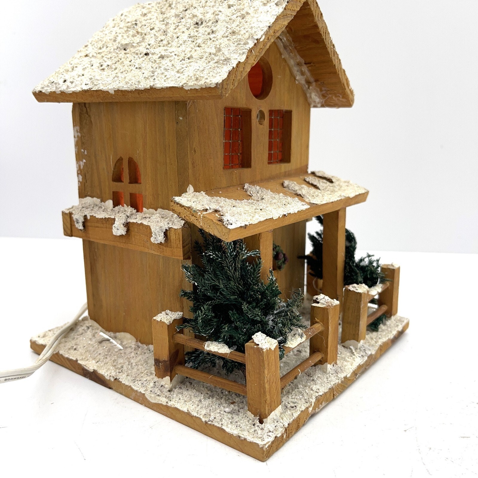 Frosty Wooden Village House Christmas Lamp with Red Lighting Winter Decor