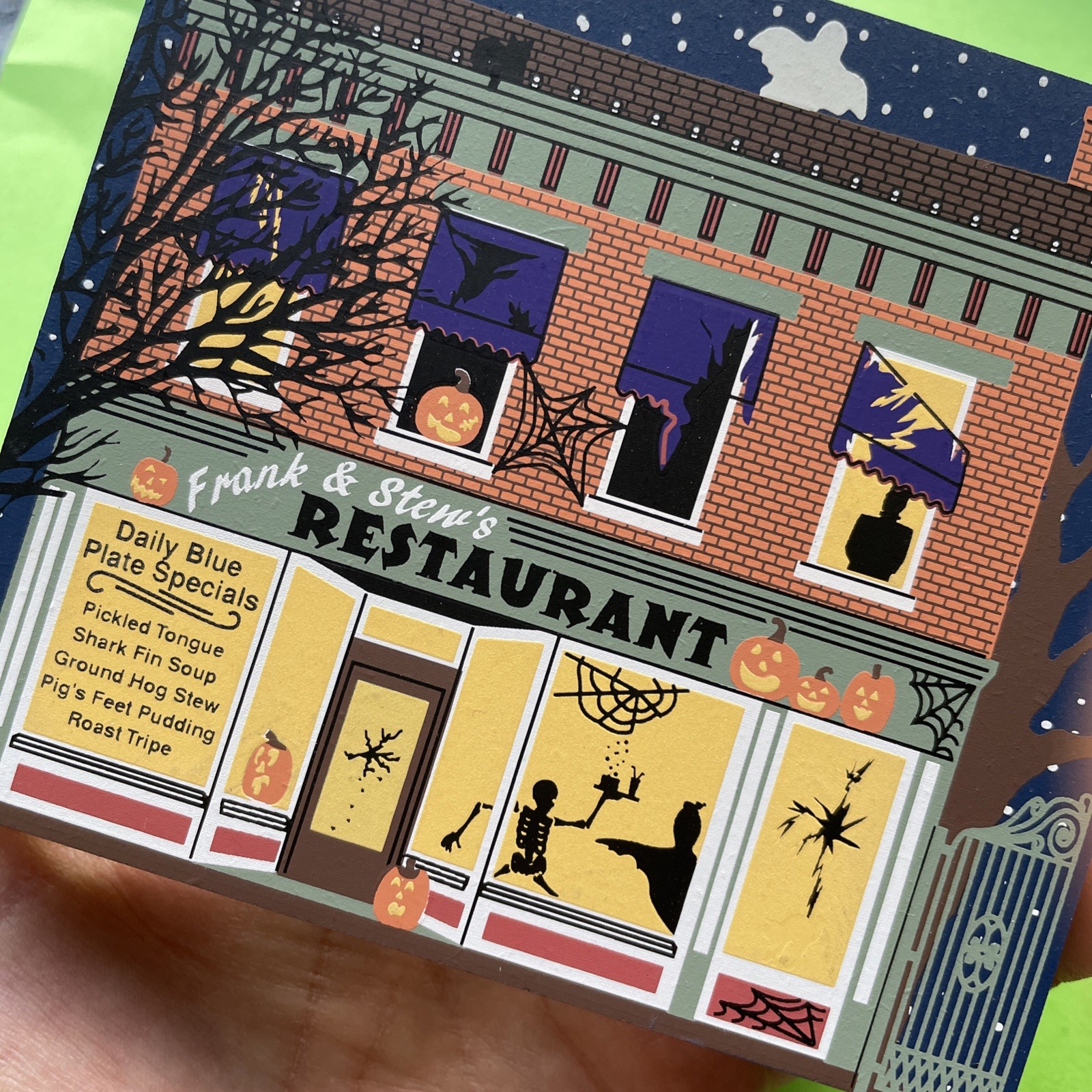 Vtg Cats Meow 2003 Wooden Halloween Frank & Stews Restaurant Glow in the Dark