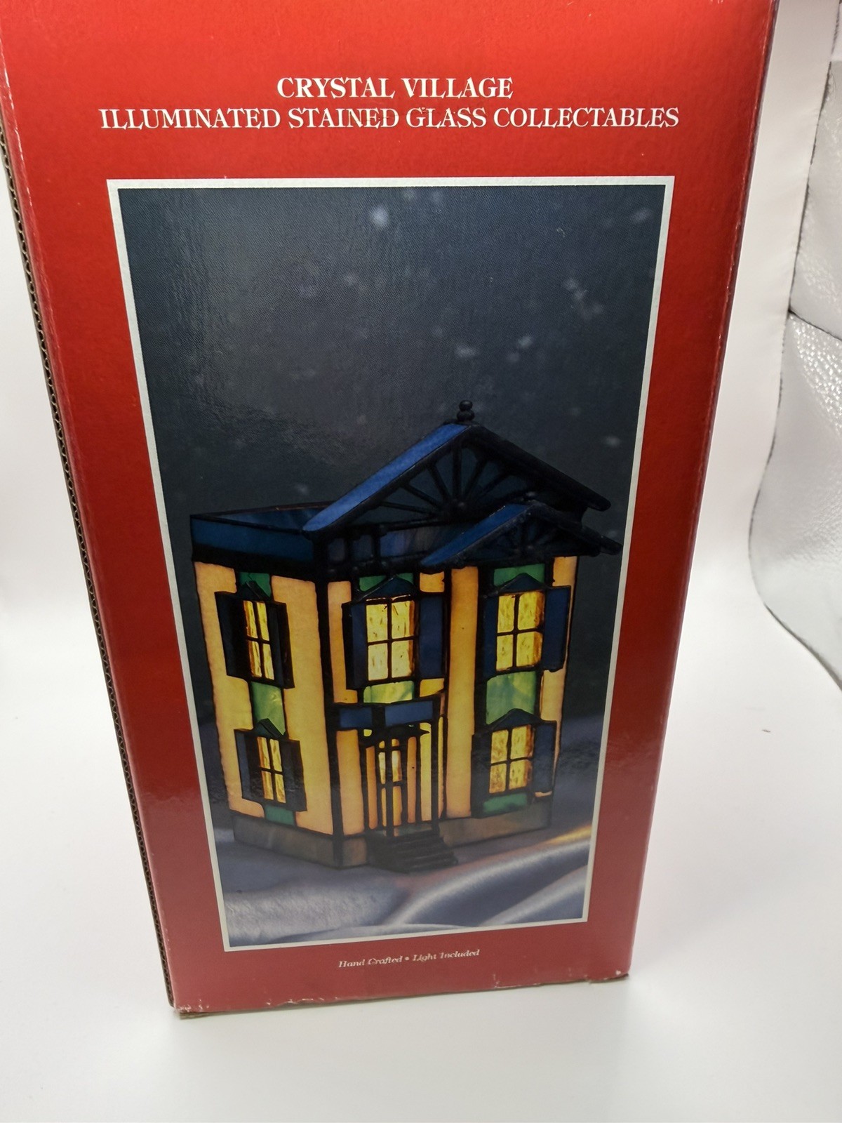 VTG Lighted Stained Glass Victorian House Building Crystal Village Blue White