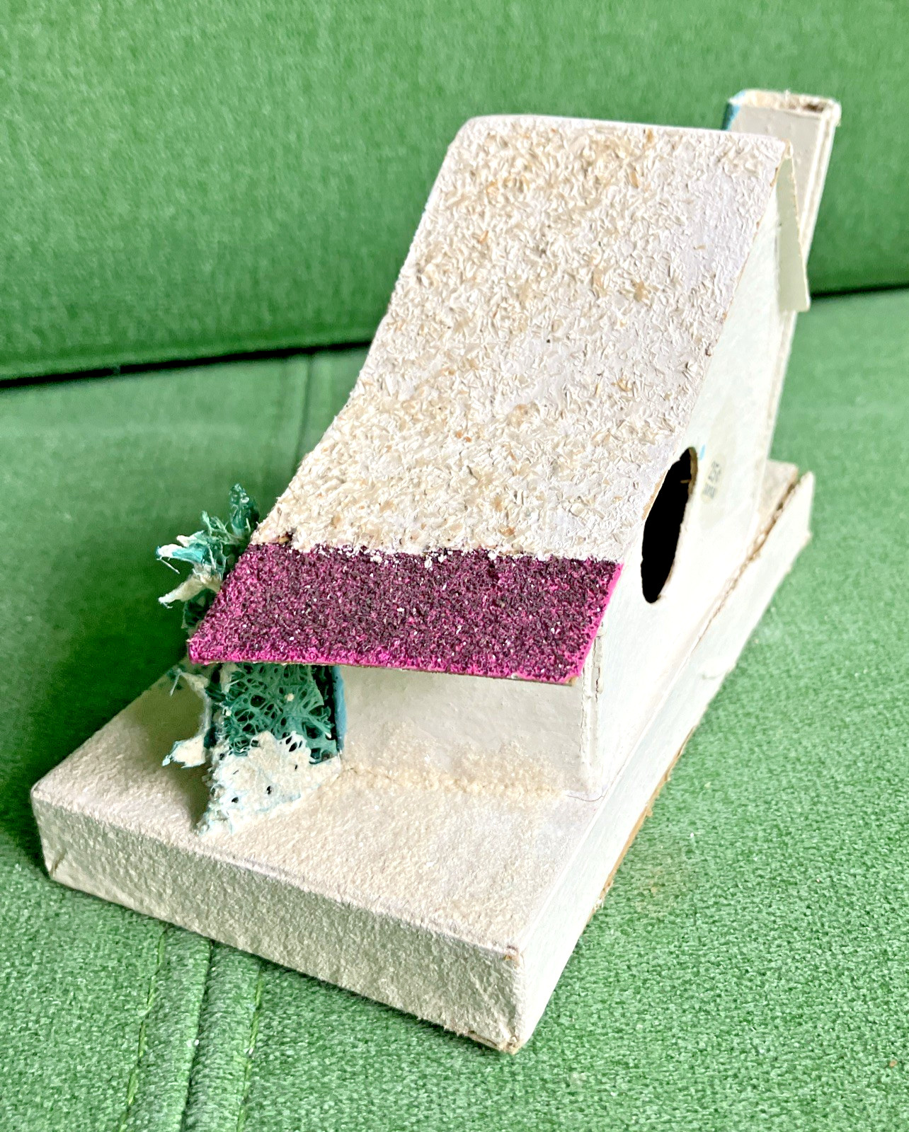 2 Sizes VTG Christmas Putz Houses, Cardboard w Mica Glitter, Windows, Trees