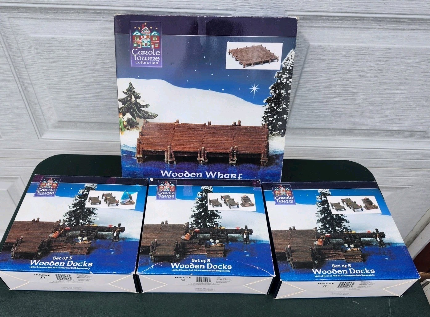 Carole Towne Christmas Village Wooden Wharf & 3 Sets of Wooden Docks Bundle 10pc