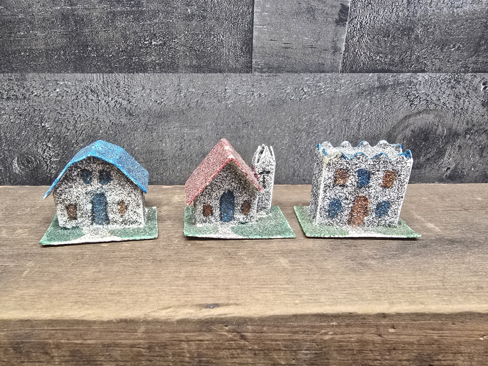 Vintage Putz Cardboard Glitter Houses Set Of 3 Japan 2″x 1.5″ Miniature READ