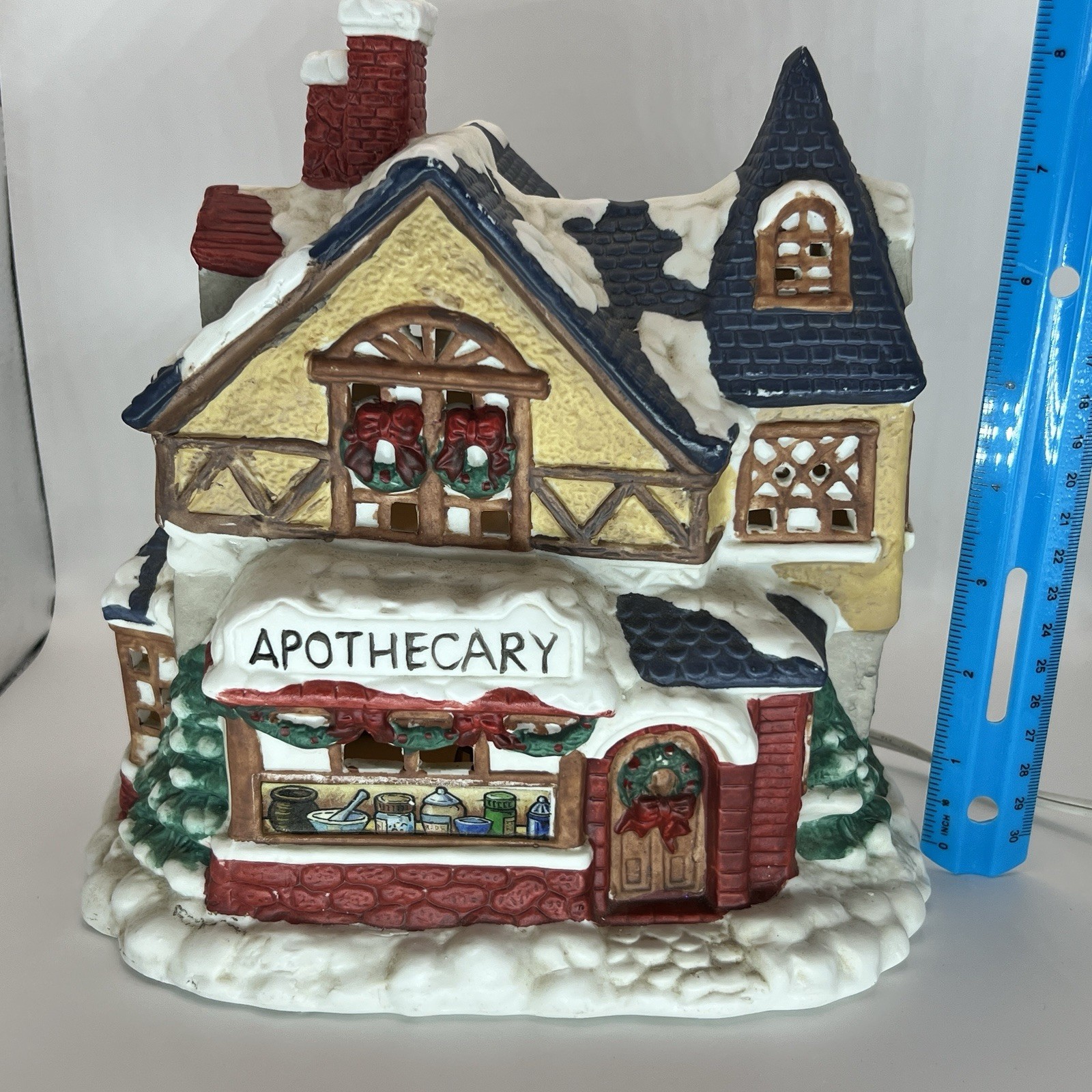 Vintage Mervyn’s Snow Covered Roof Village Square 1994 Apothecary Shop – Working