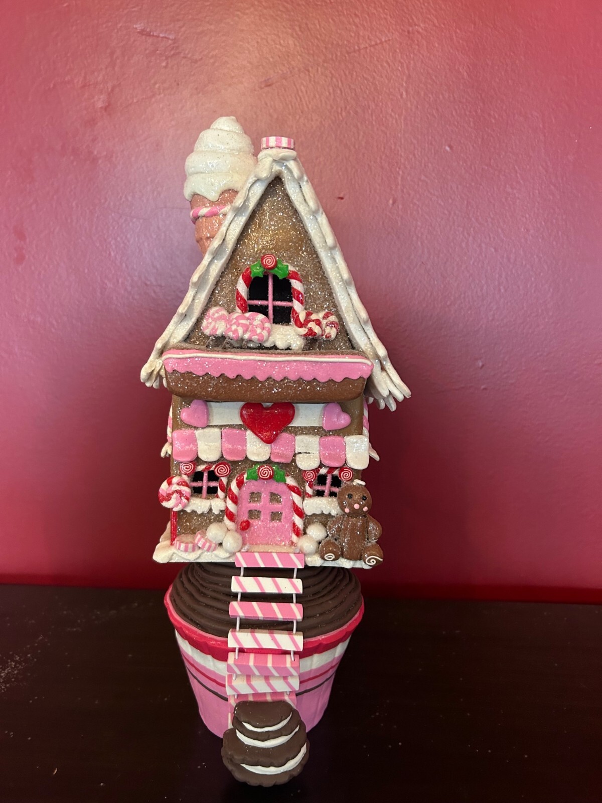 Kurt Adler Pink & Chocolate LED Candy & Gingerbread Cupcake & Cookie Cottage