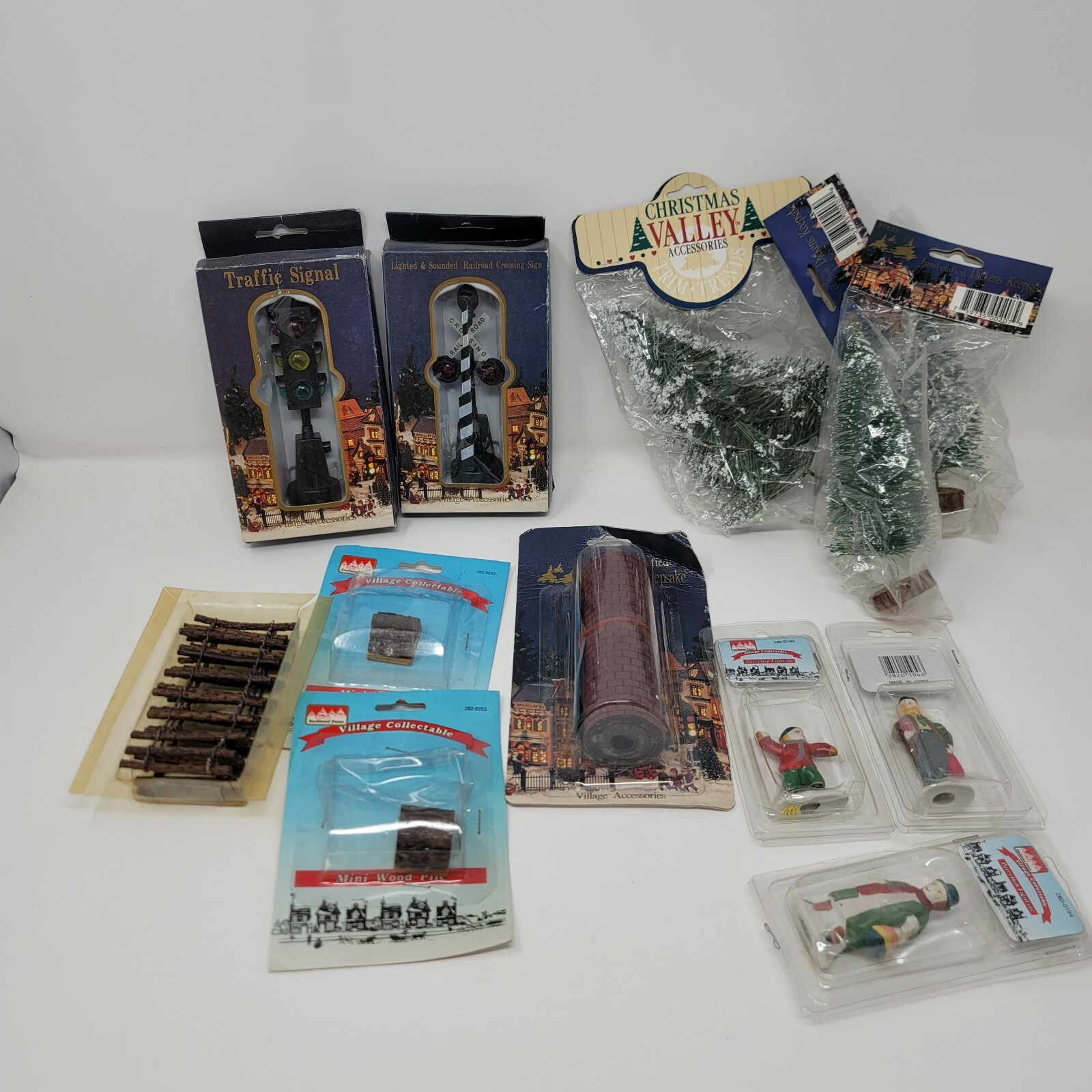 Christmas Village Figures Trees Signs Fence Floor Accessories Dickens Lot Of 12