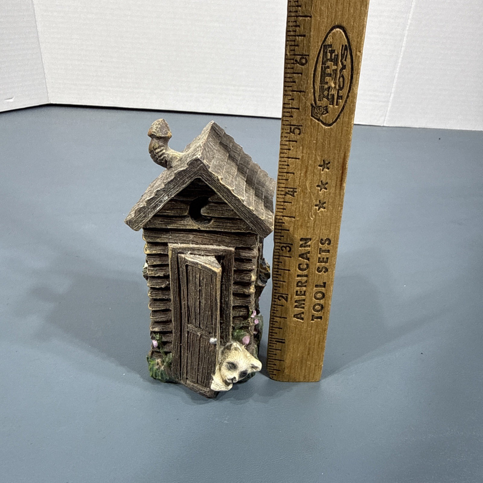 Vintage Out House Racoon on Roof Resin 5″ Tall