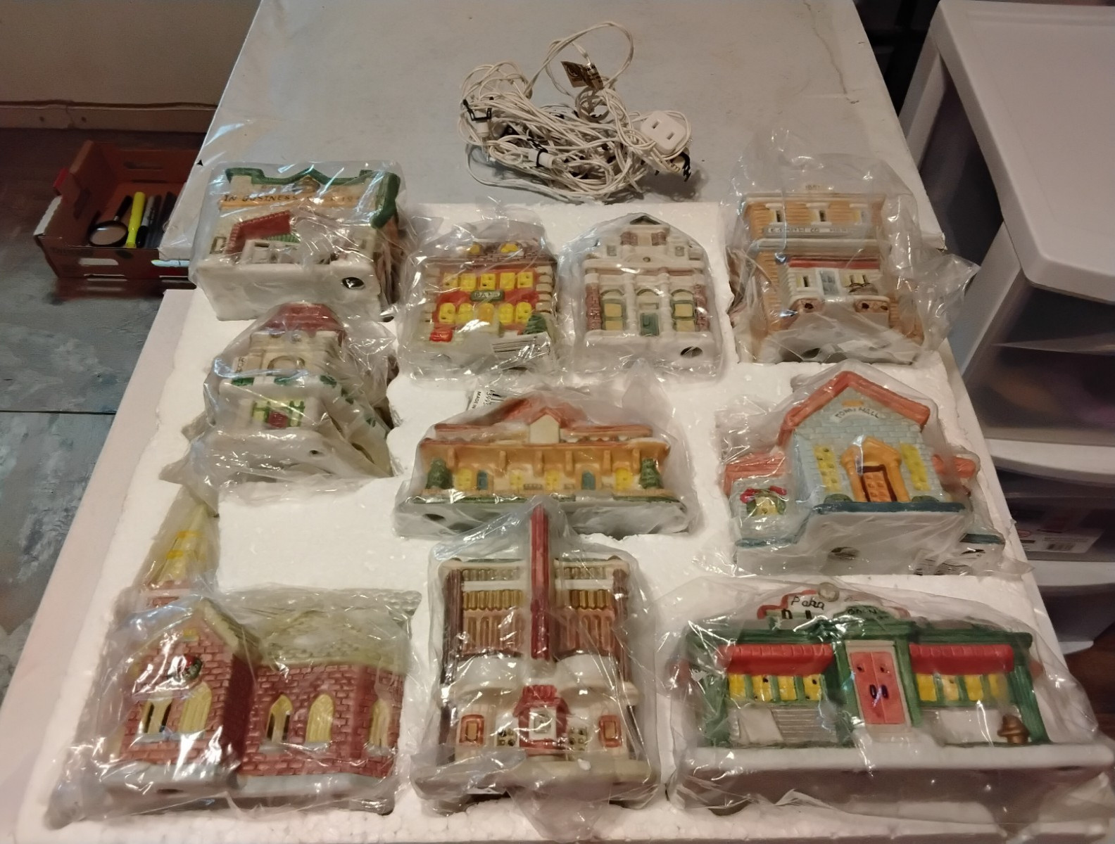 Christmas Village Porcelain Light Houses & Metal/Other Figurine Lot Used 4 Boxes