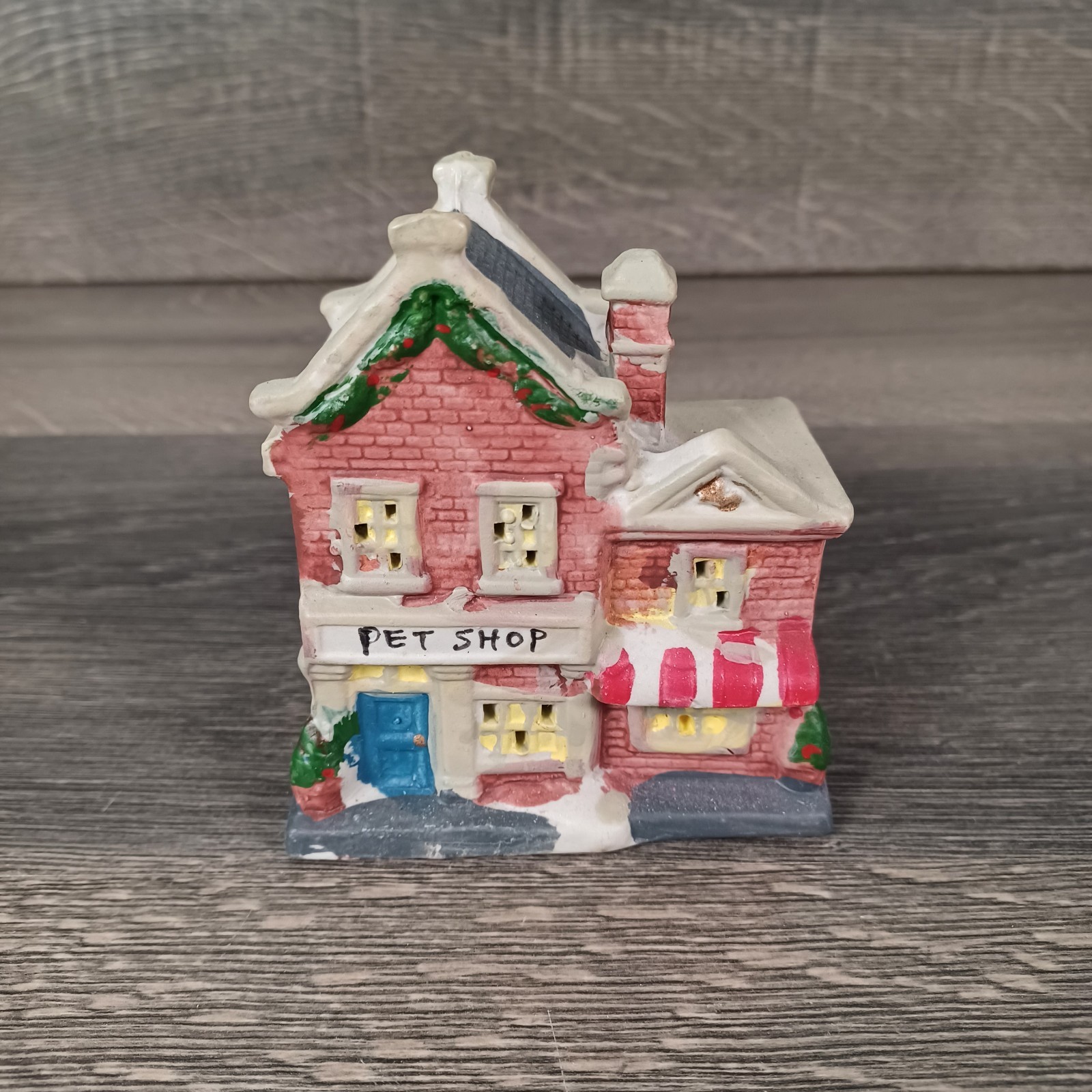 Vintage Ceramic Christmas Snowy Village Lot Of 6 Houses Pet Shop Church Flower