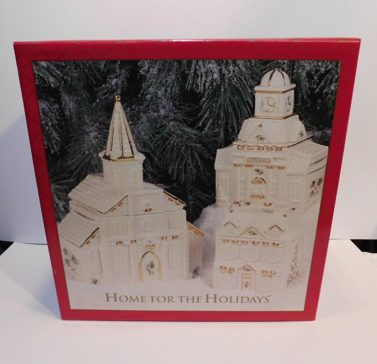 Vintage Meier & Frank Christmas Village Porcelain White/Gold Trim New In Box