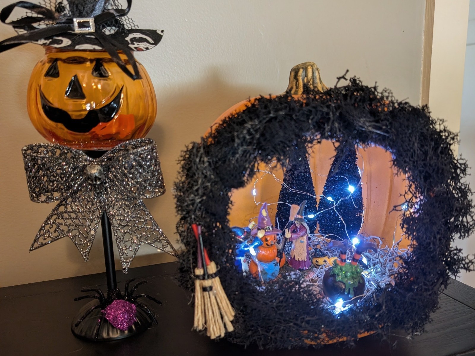 Halloween Pumpkin Diorama: Witch House Scene with Fairy Lights