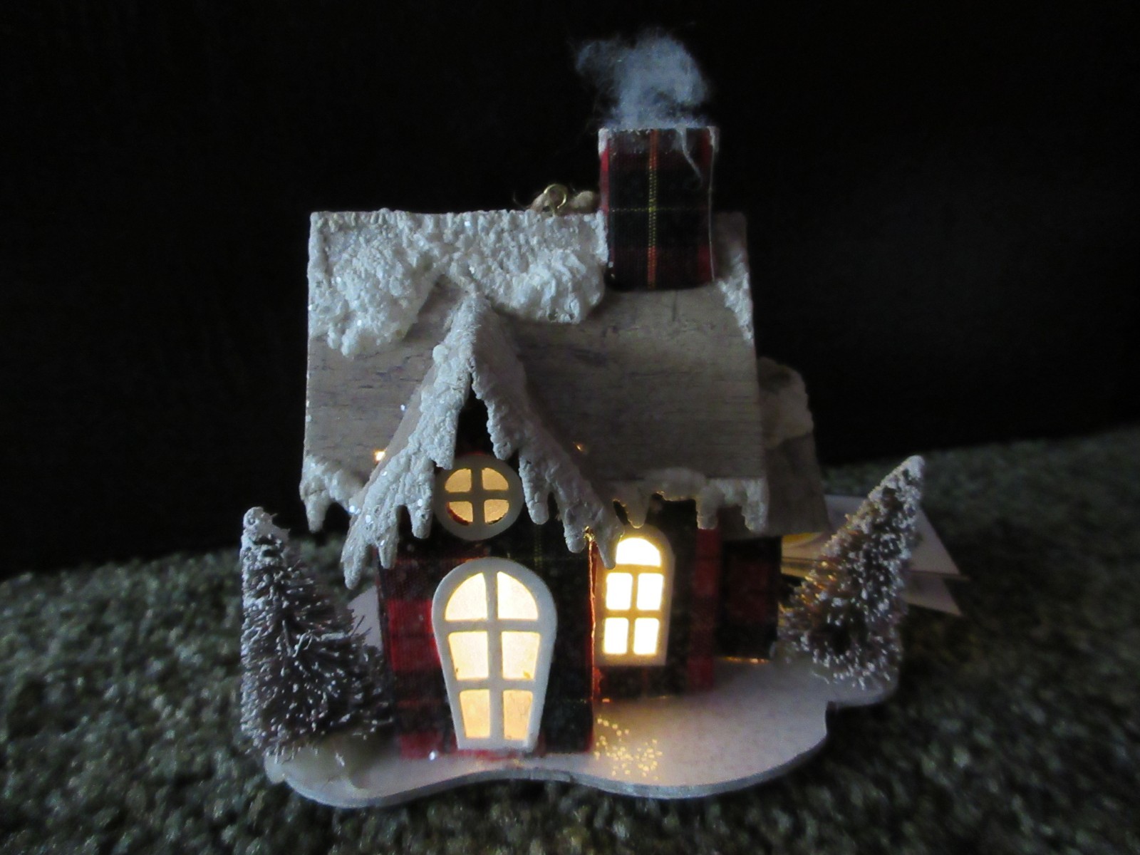 Christmas House Glitter Putz Cardboard Bottle Brush Trees Ornament Lights Up LED