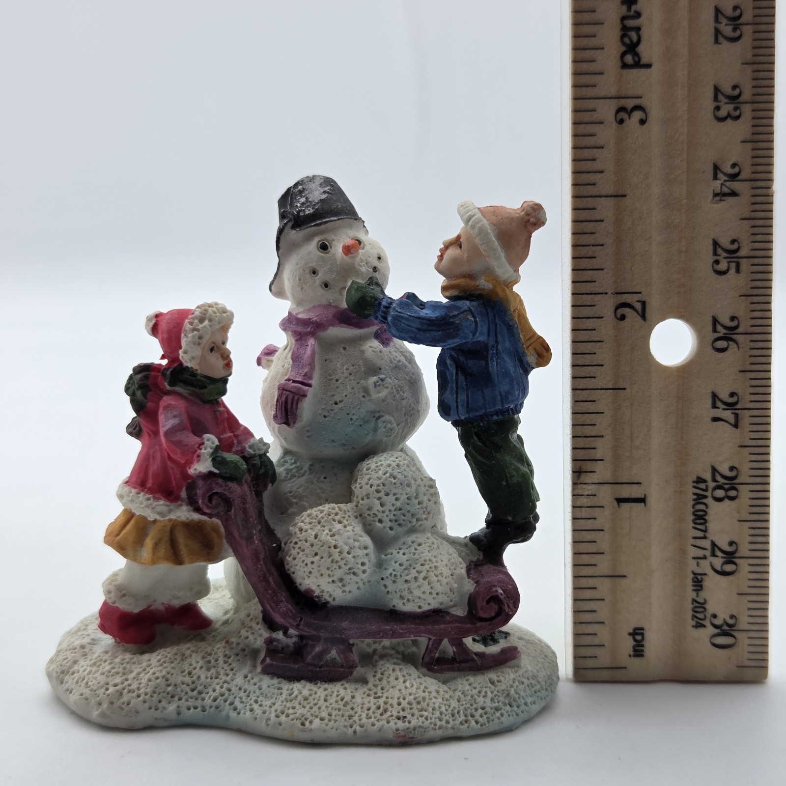Christmas Village Set 2.75″ Snowman With Bucket On Head & Children Porcelain