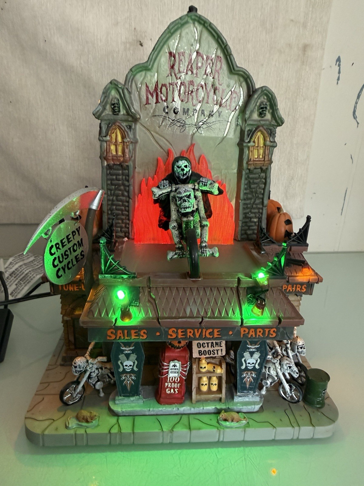 Vintage 2017 Lemax Spooky Town ~ REAPER MOTORCYCLE COMPANY Lights & Sound Work