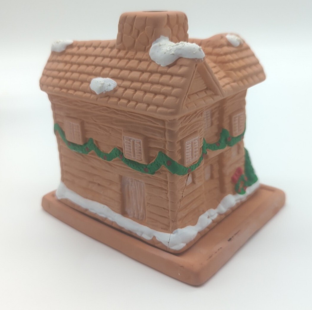 Vintage Holiday Christmas Terracotta Incense House 4.5″ Log Cabin Gingerbread