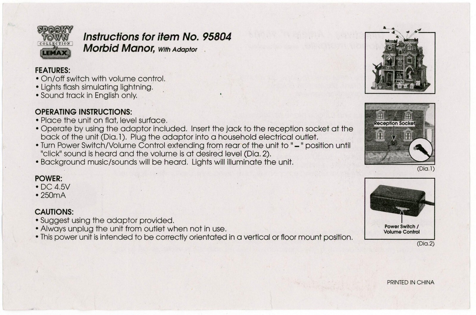 Lemax Halloween Village “Morbid Manor” #95804 Operating Instructions Sheet