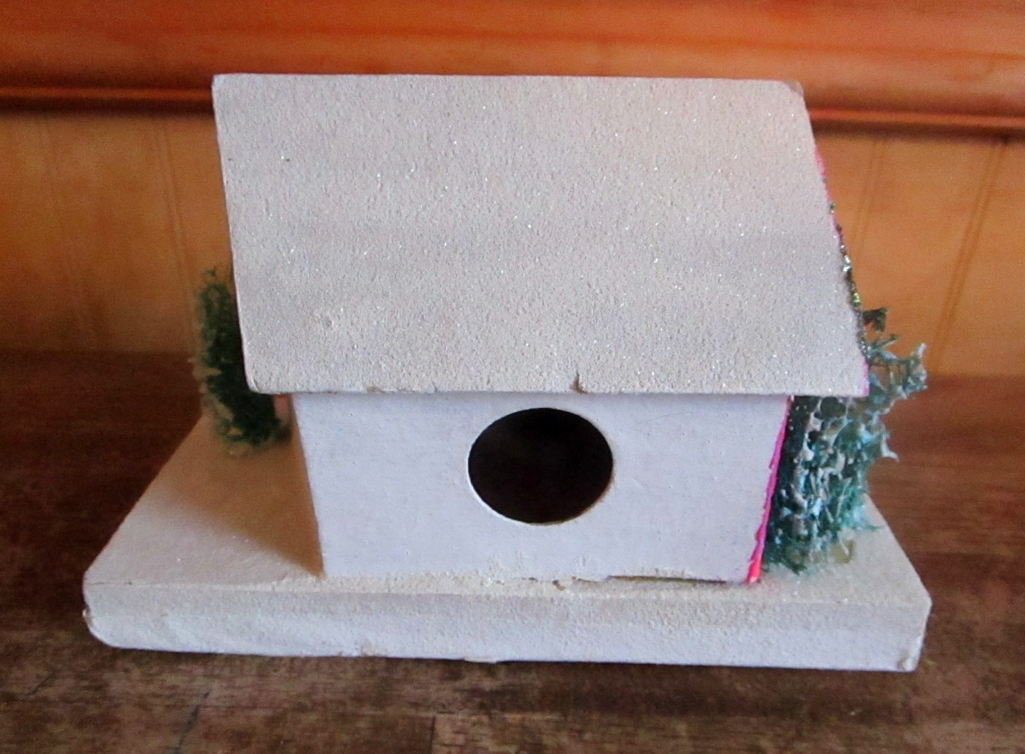 Vintage Putz House with 2 Trees & Snowman