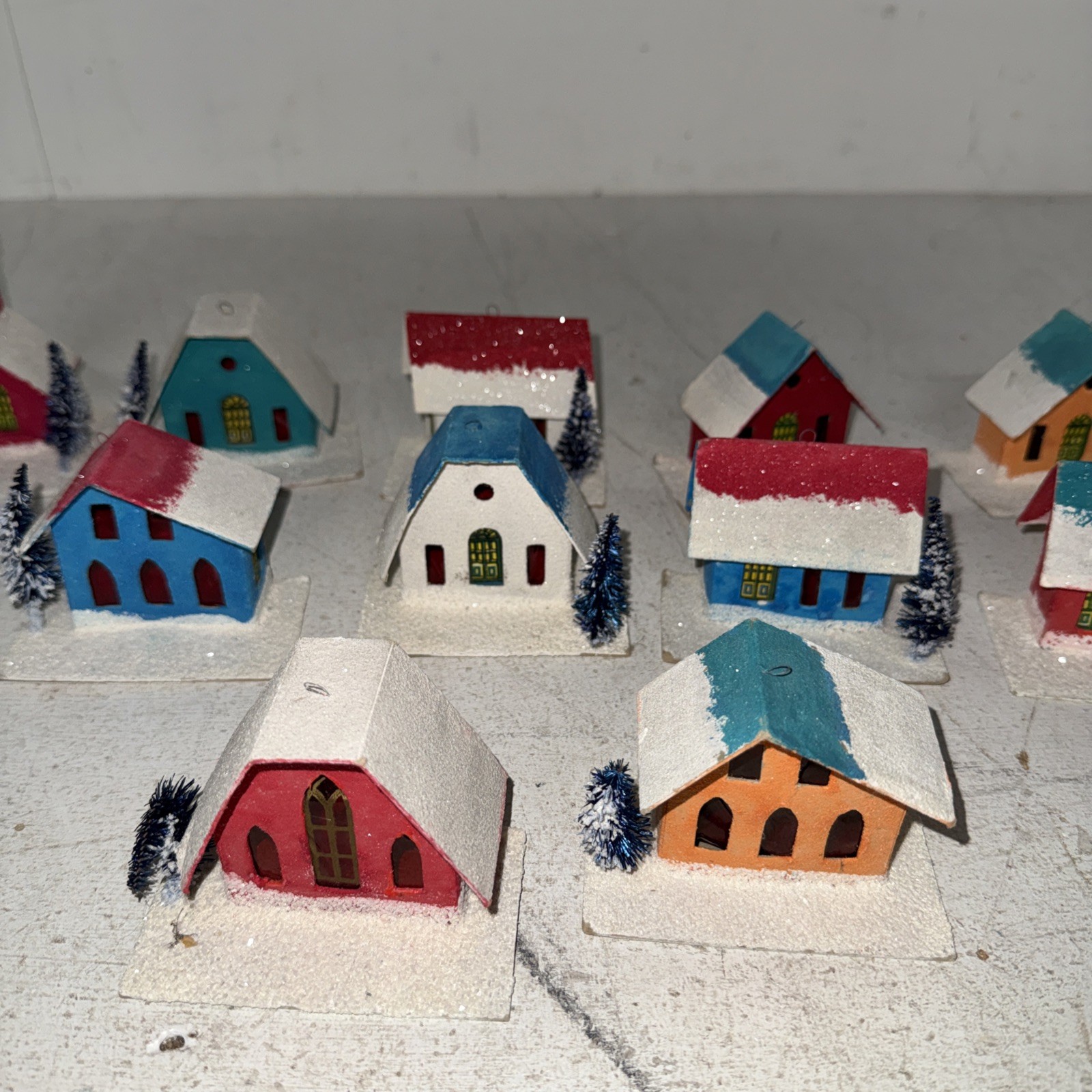 12Vintage German Putz Christmas Village Houses Cardboard Mica Glitter Small Hole