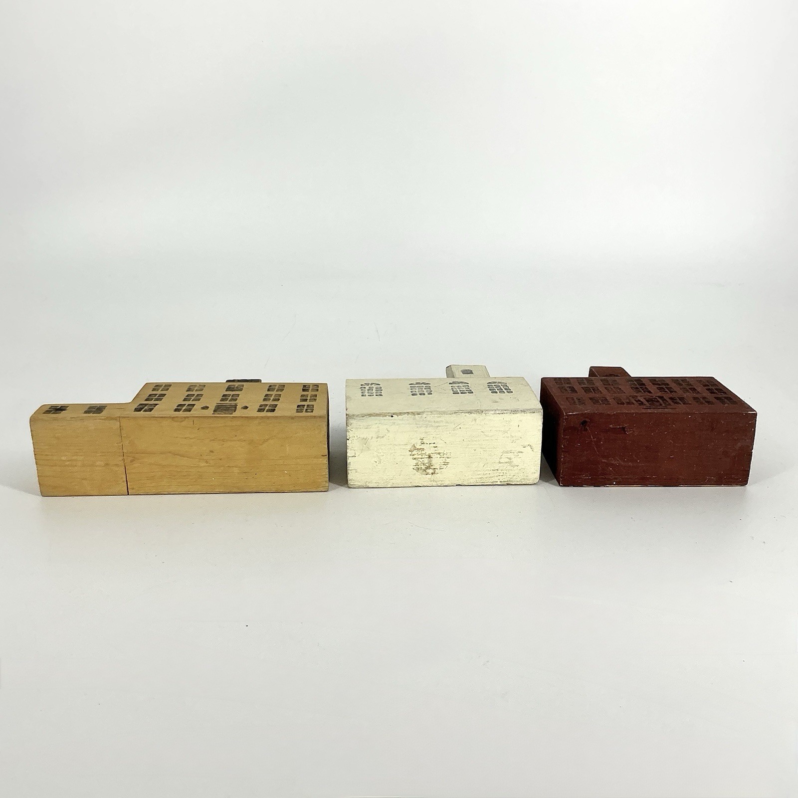 Primitive Folk Art Wood Block Village Houses Buildings 3 Pcs Handmade Vintage