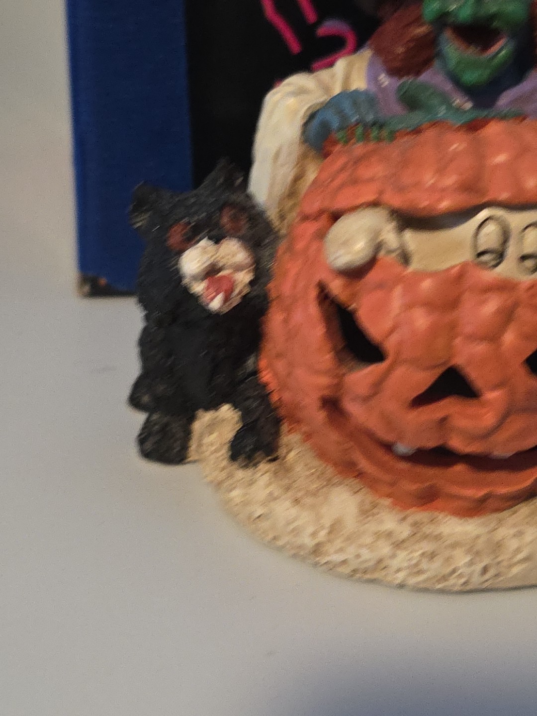 Vintage Spooky Hollow Halloween Lighted Porcelain Pumpkin witch ghost black cat