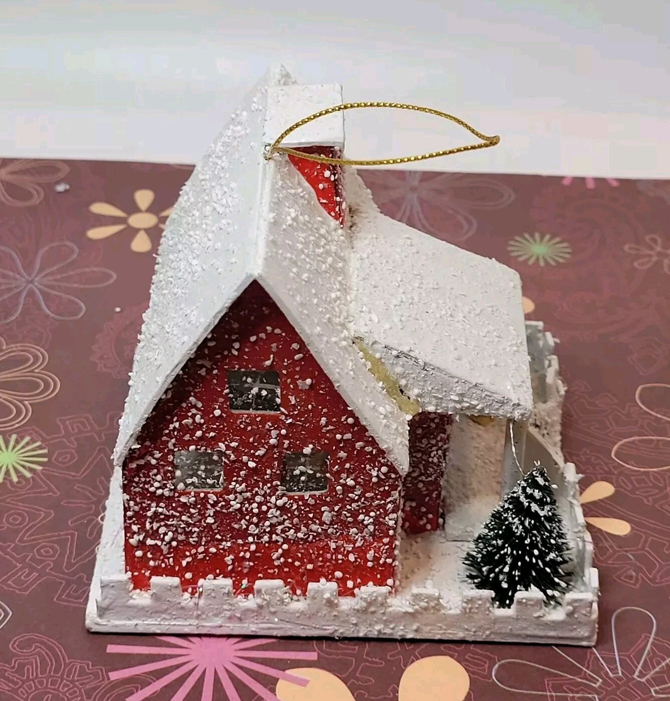 Vtg Inspired Putz House Red W/White Roof Snow Trees Fence Glitter Light Hole
