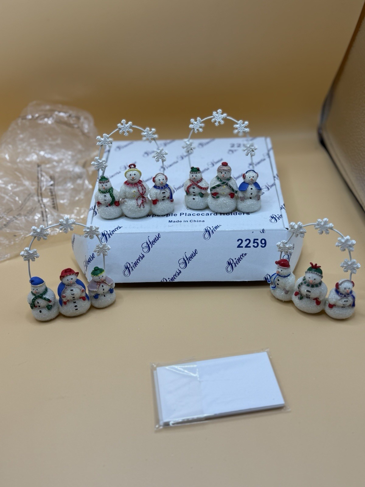 Princess House #2259 4 Snow people Place Card Holders NIB W/ Original Packaging