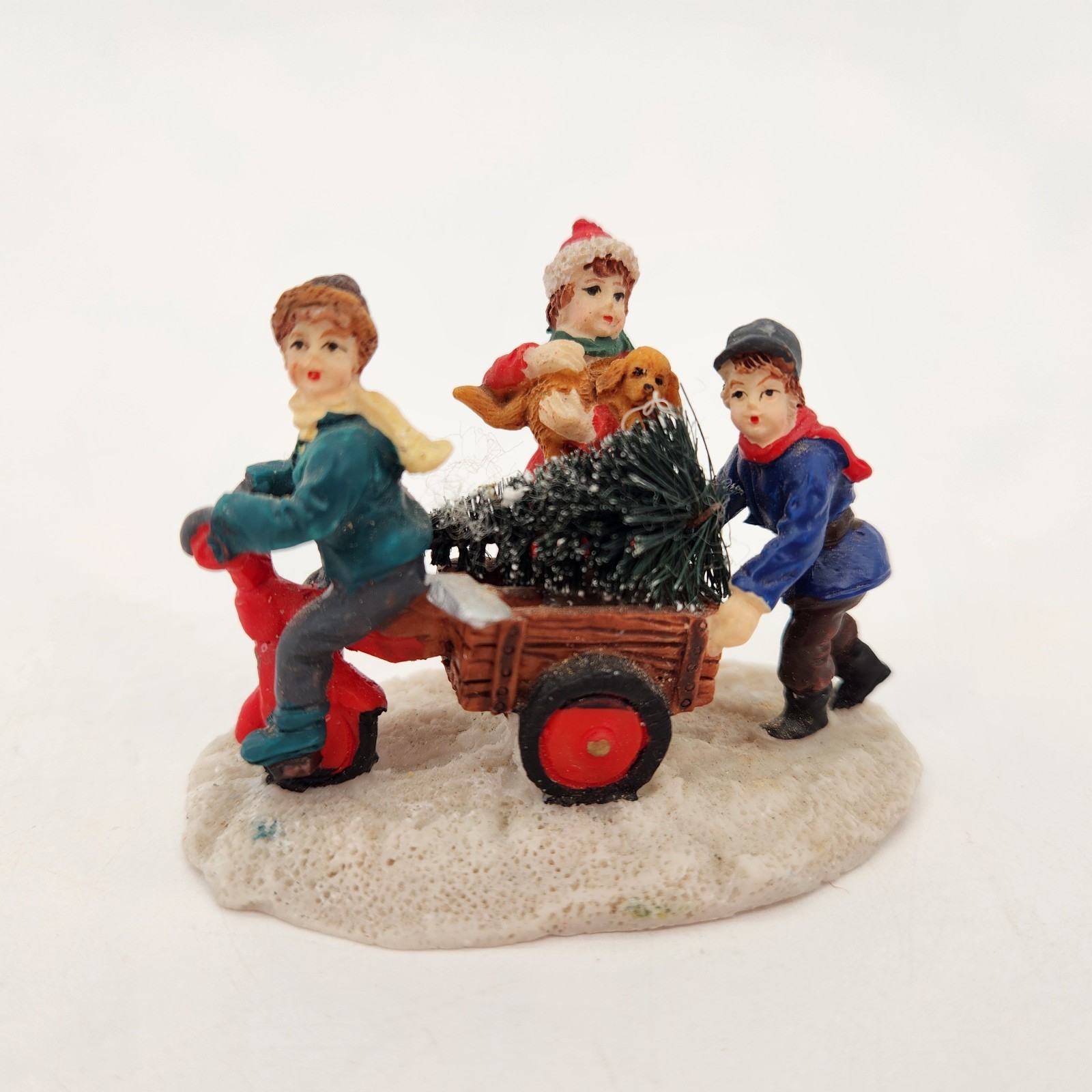 Christmas Village Figurine 2 Boys Pulling Wagon with Tree Resin Girl With Dog