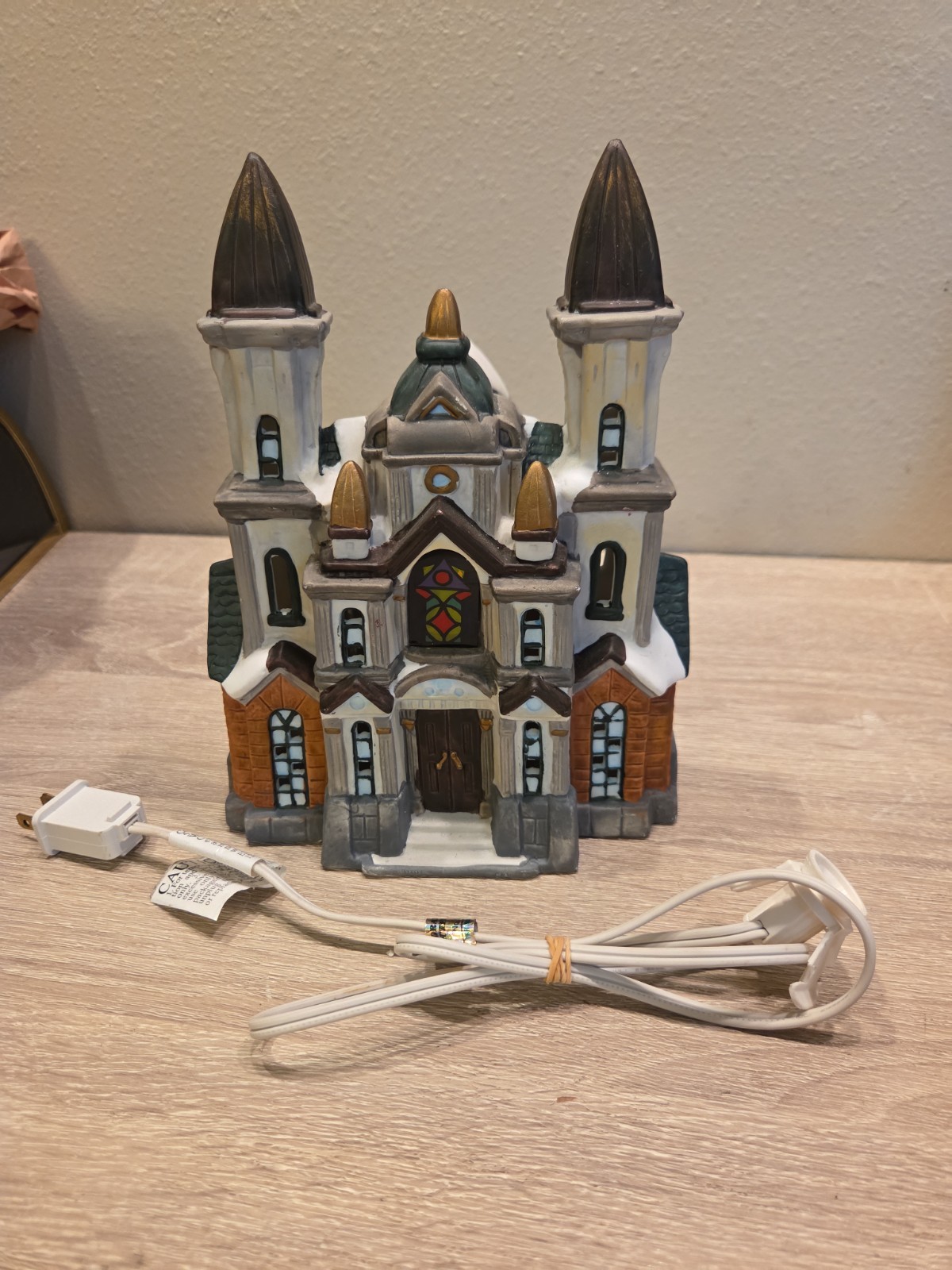 Christmas Village Church Stained Faux Glass Window Porcelain Lighted
