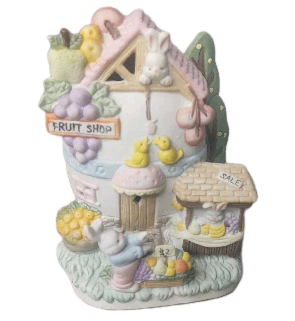 Easter Bunny Fruit Shop Hand Painted Porcelain House Rabbit Spring Decor Village
