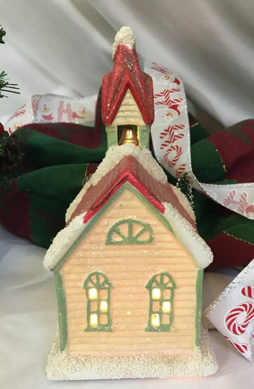 Christmas Light Up Village Church With Bell In Steeple 8X 5 1/2” Sugared Look