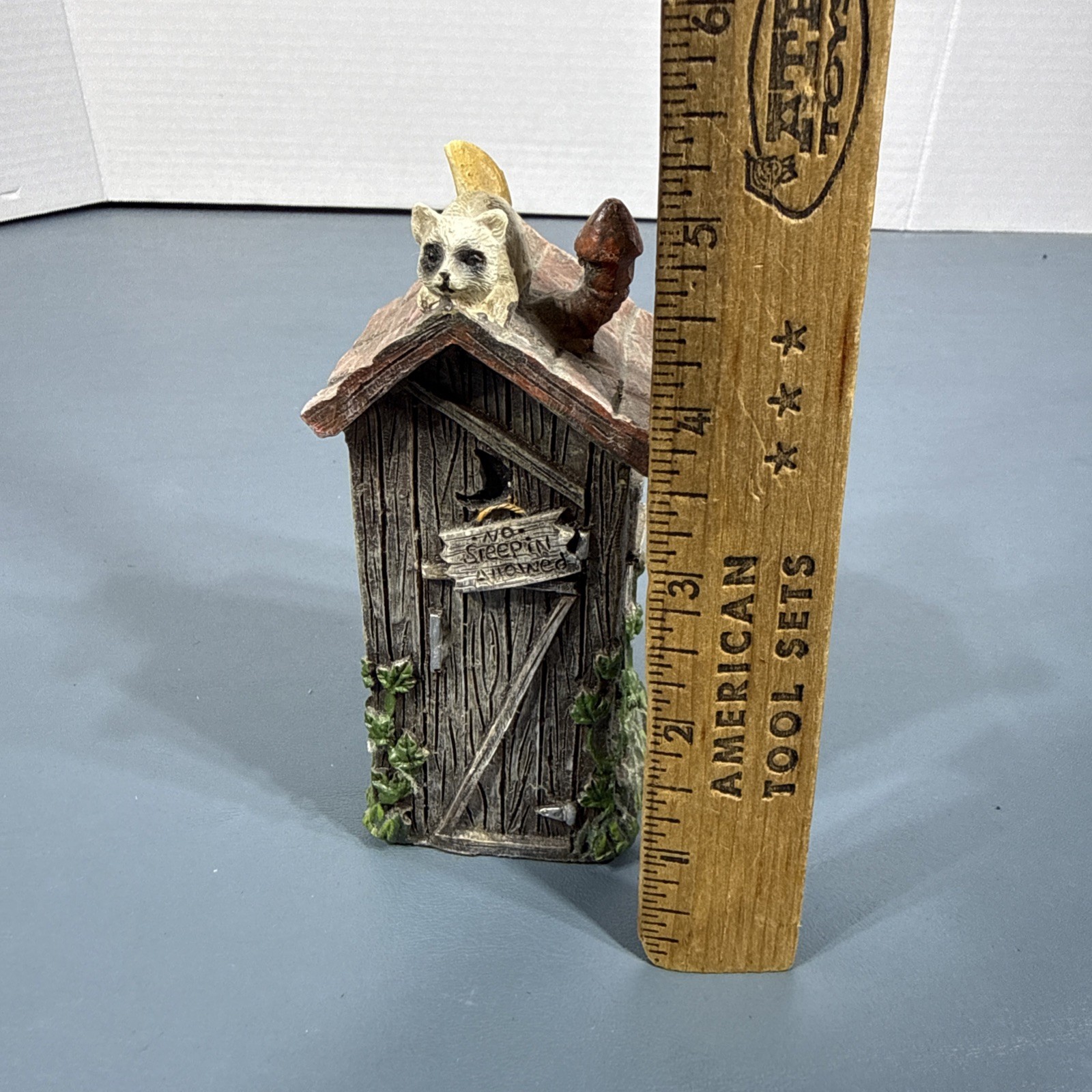 Vintage Out House Racoon on Roof Resin 5″ Tall