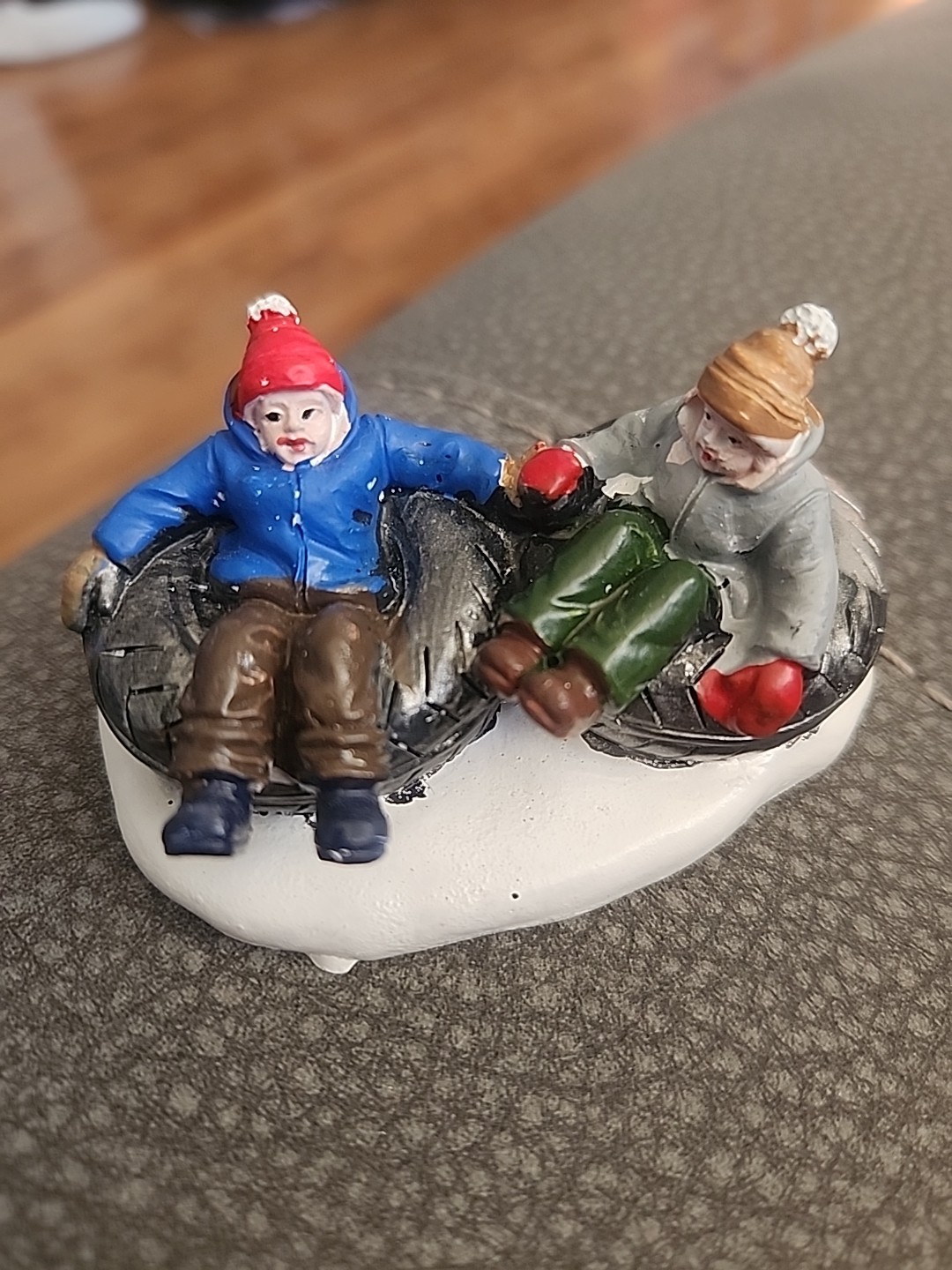 Holiday Time Sled Fun Christmas Village Two Boys Old Tires