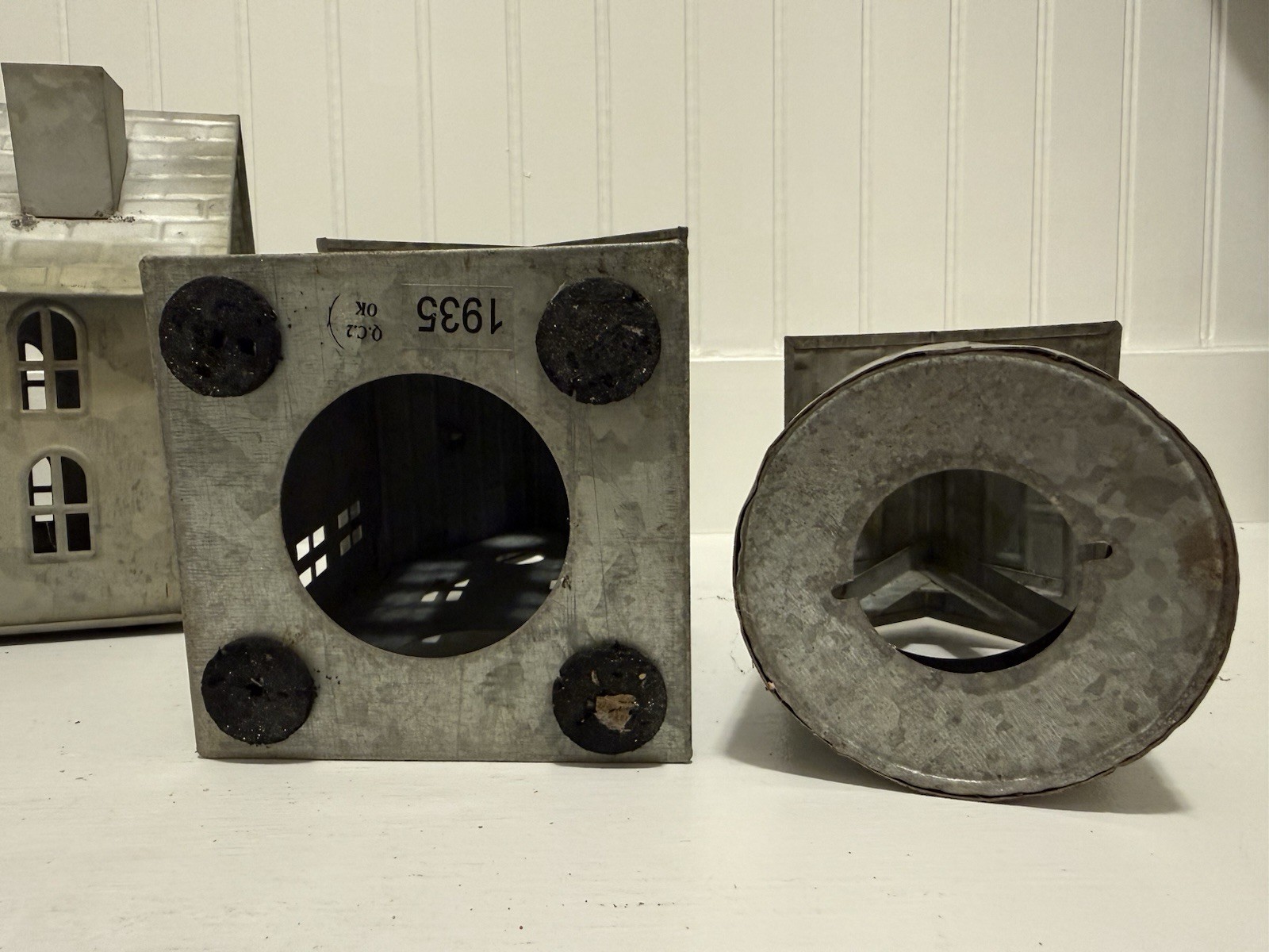 Pottery Barn Galvanized Village Three Piece Set Train Station House Well RARE