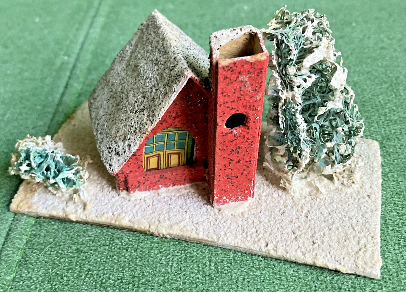 3 Vtg Christmas Putz Houses Cardboard w Mica Glitter, Windows, Trees