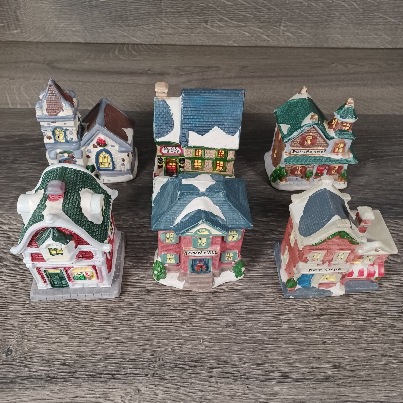 Vintage Ceramic Christmas Snowy Village Lot Of 6 Houses Pet Shop Church Flower