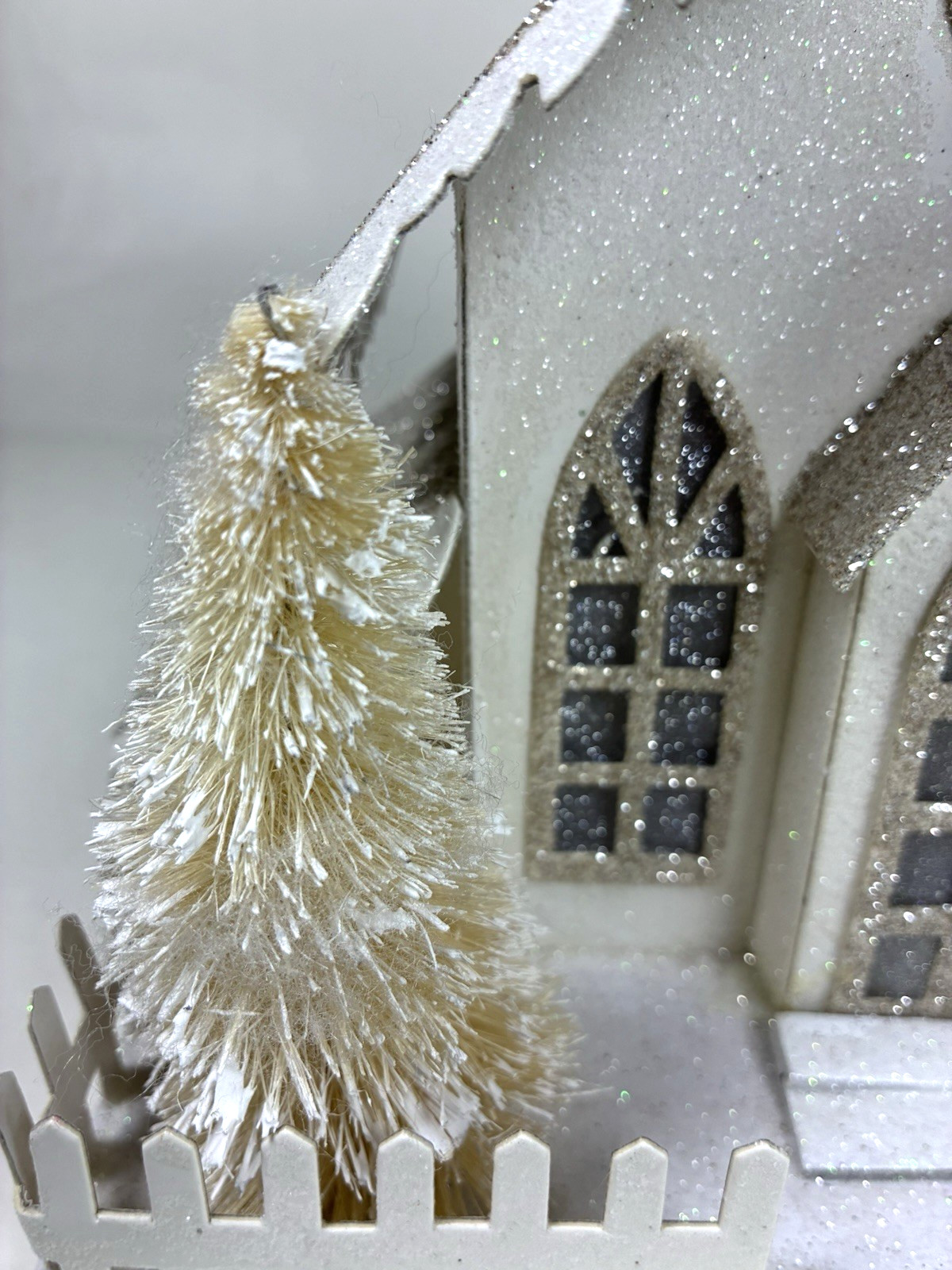 Putz Style Glittered Cardboard Christmas Village Church Bottle Brush Trees 12″