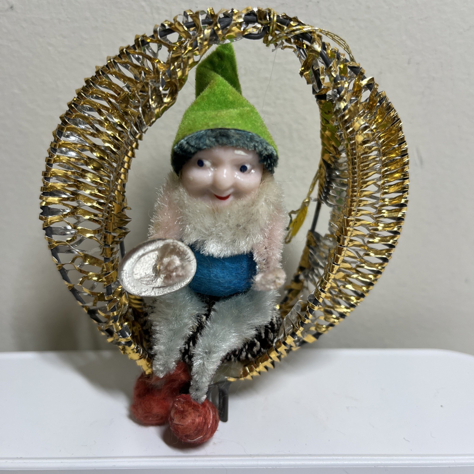 Vintage 3.5” Gold Foil Mesh Pinecone Elf with Cymbals Christmas Ornament Japan
