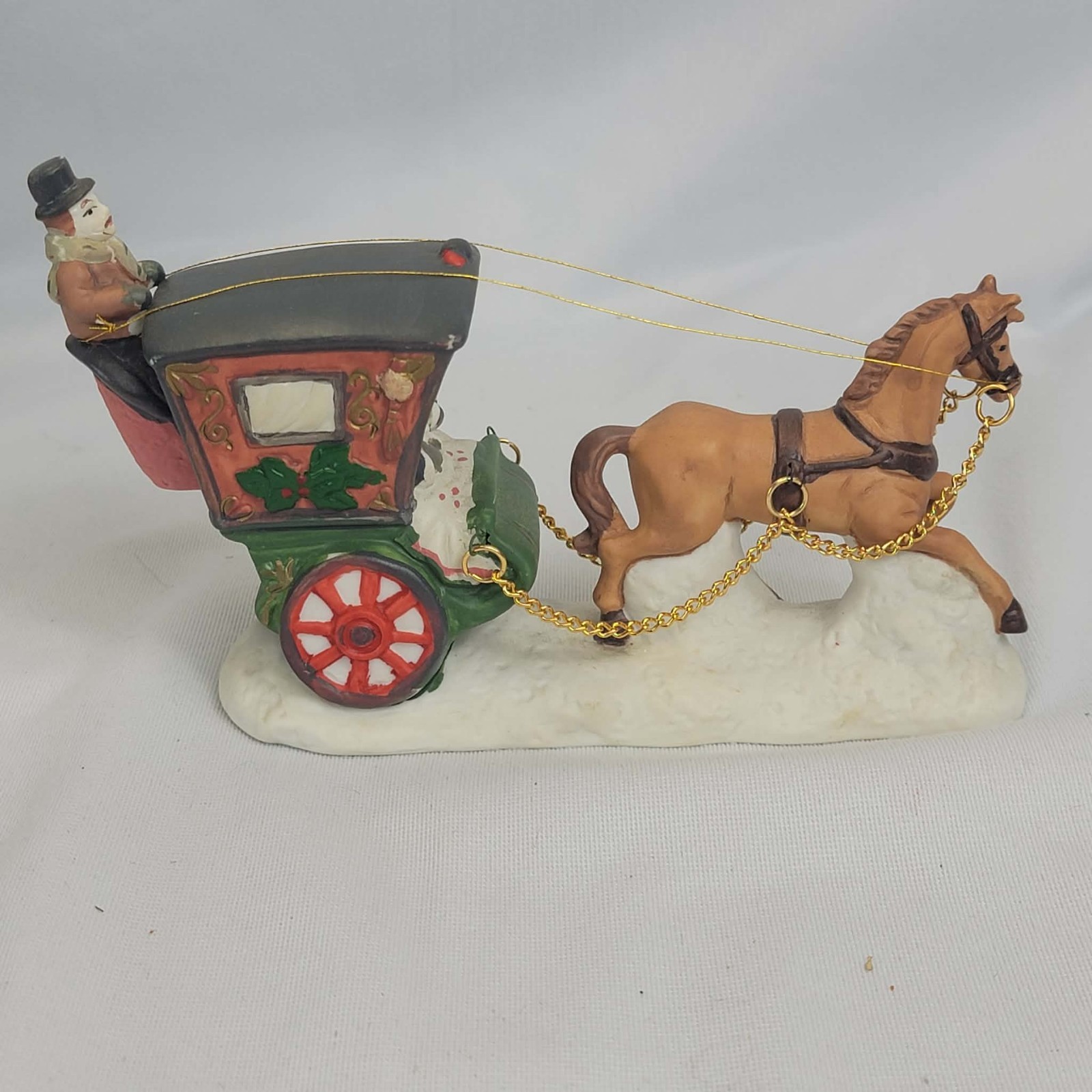 Hand Crafted Porcelain Horse Drawn Carriage Christmas Village Scene w Box