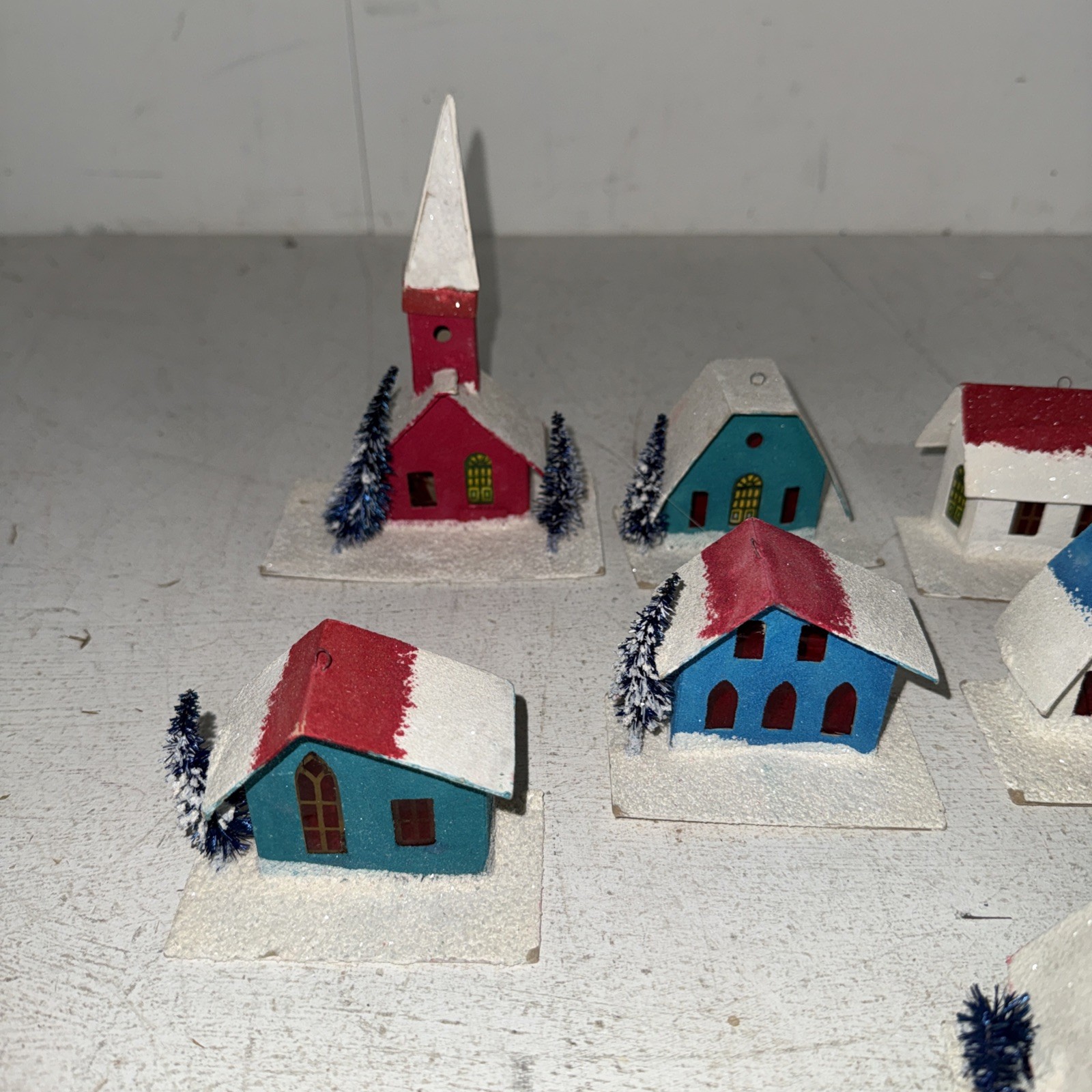 12Vintage German Putz Christmas Village Houses Cardboard Mica Glitter Small Hole