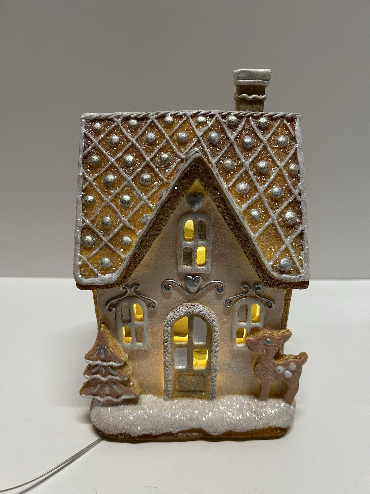 RAZ Pink Glitter Holiday LED Light-up 8.5″ Gingerbread House Village NEW!