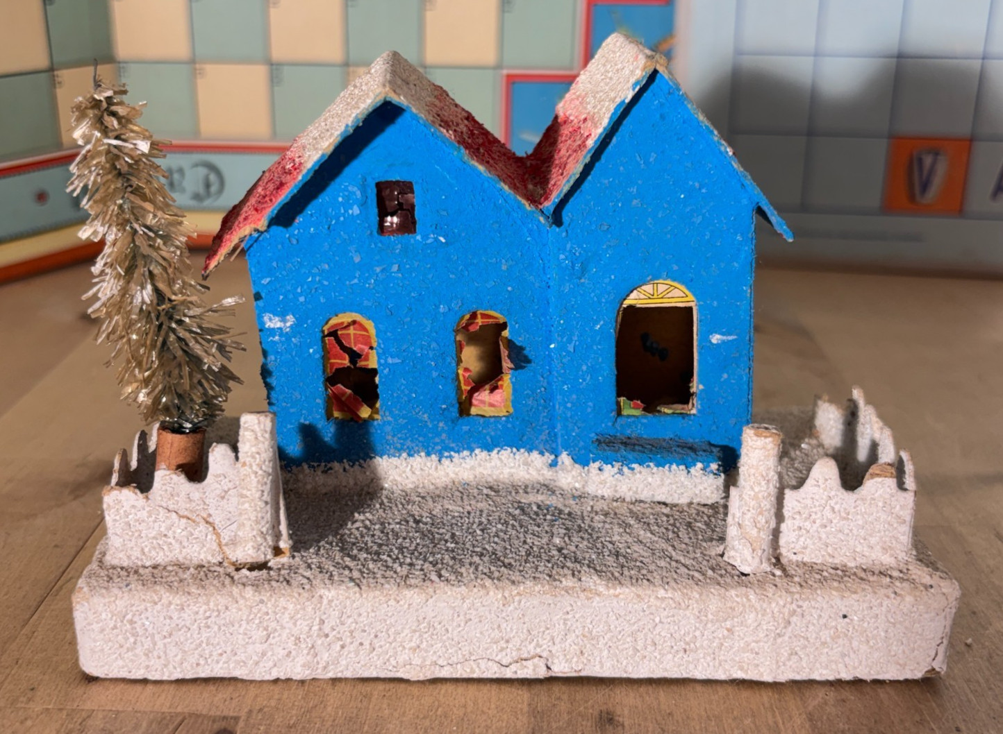Vintage Christmas Putz House Blue, w Fence and Bottle Brush Tree, Japan