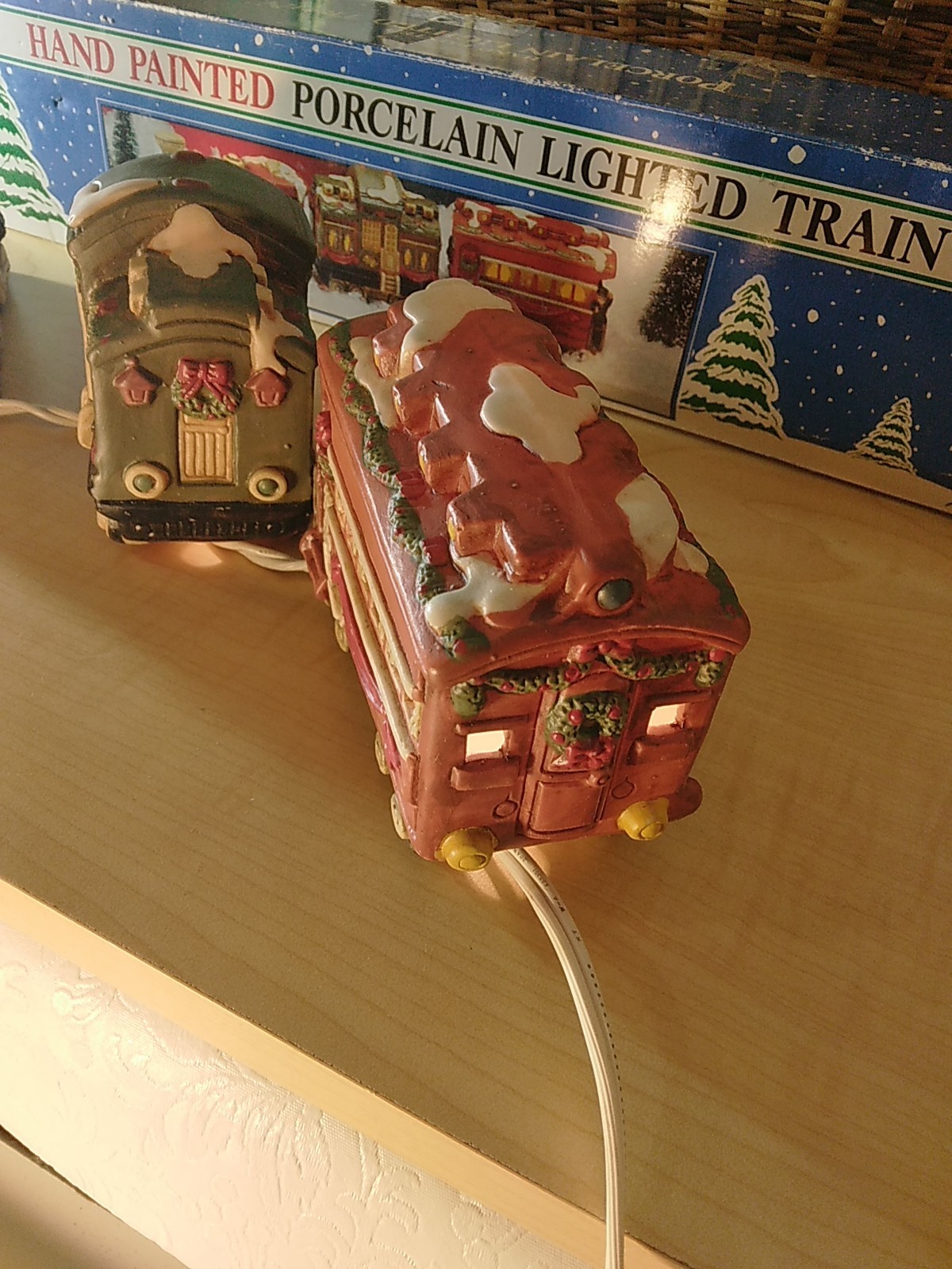 Vintage 1992 Fabri-Centers Hand Painted Porcelain Lighted Train 3pc W/Box Works!