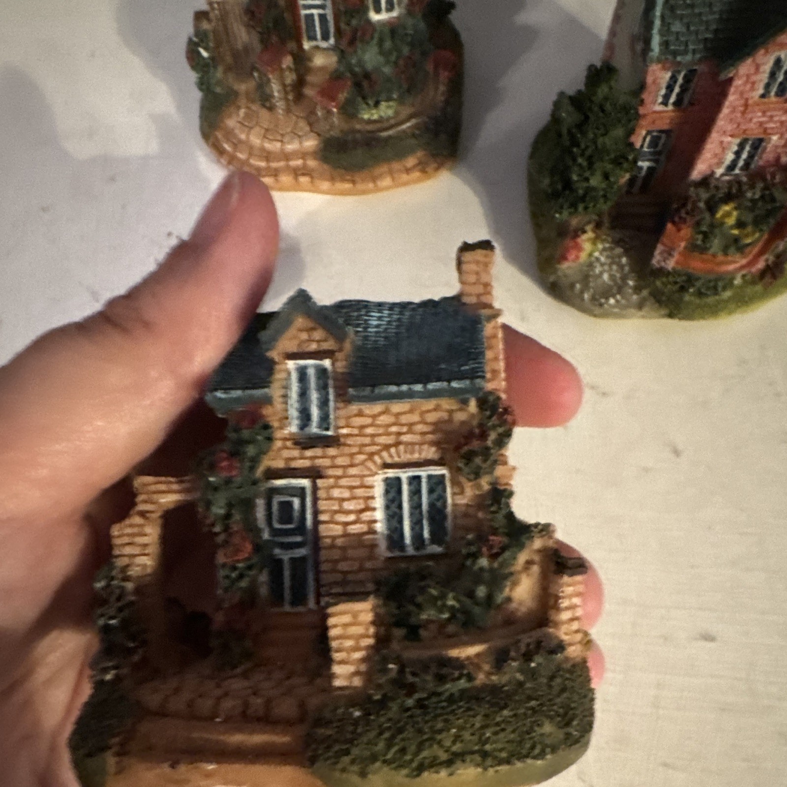 Hand-Painted Resin Miniature Cottage Houses Set of 3 Multicolor Display
